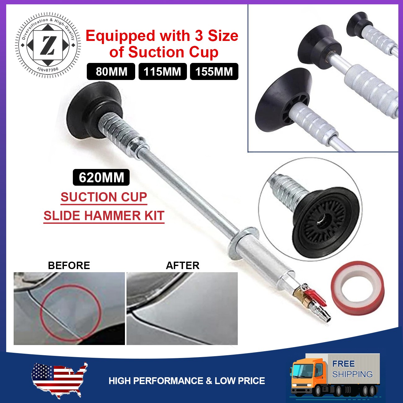 Air Pneumatic Dent Puller Car Auto Body Repair Suction Cup Slide Tool Hammer Kit