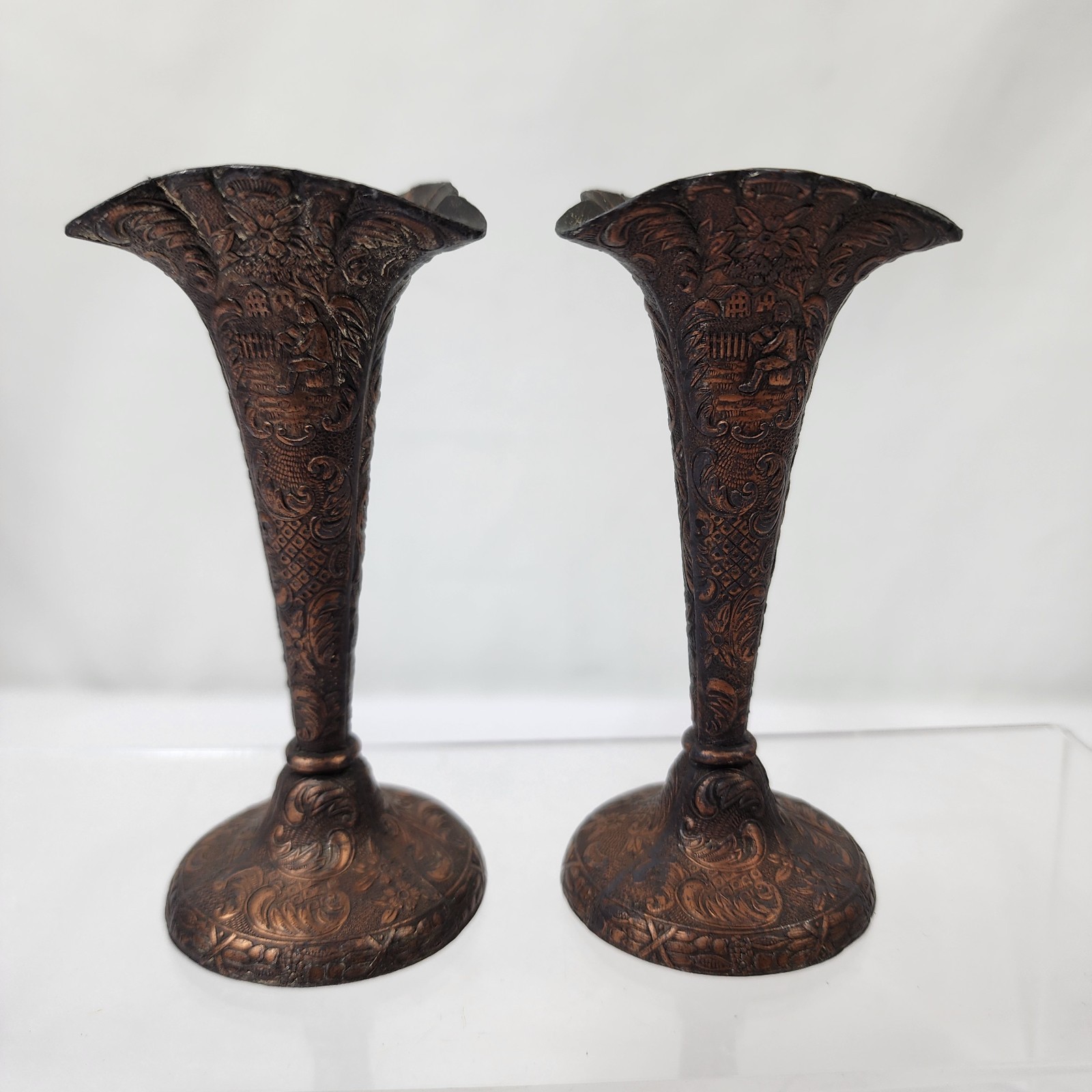 Pair 2 Fluted Copper Plated Metal 4" Bud Vases Dutch & Floral Embossed Theme