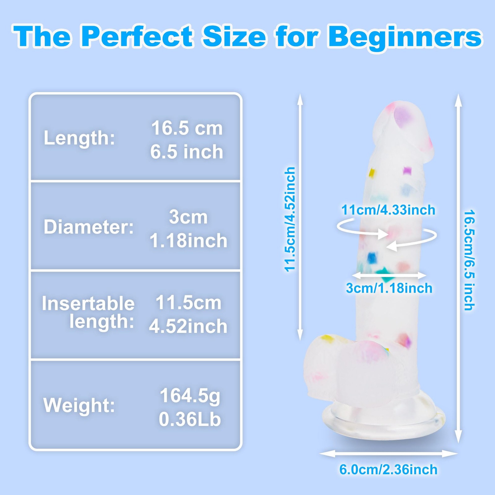 6.5 Inch Confetti Clear Silicone Dildo with Flared Suction Cup Base for Hands...