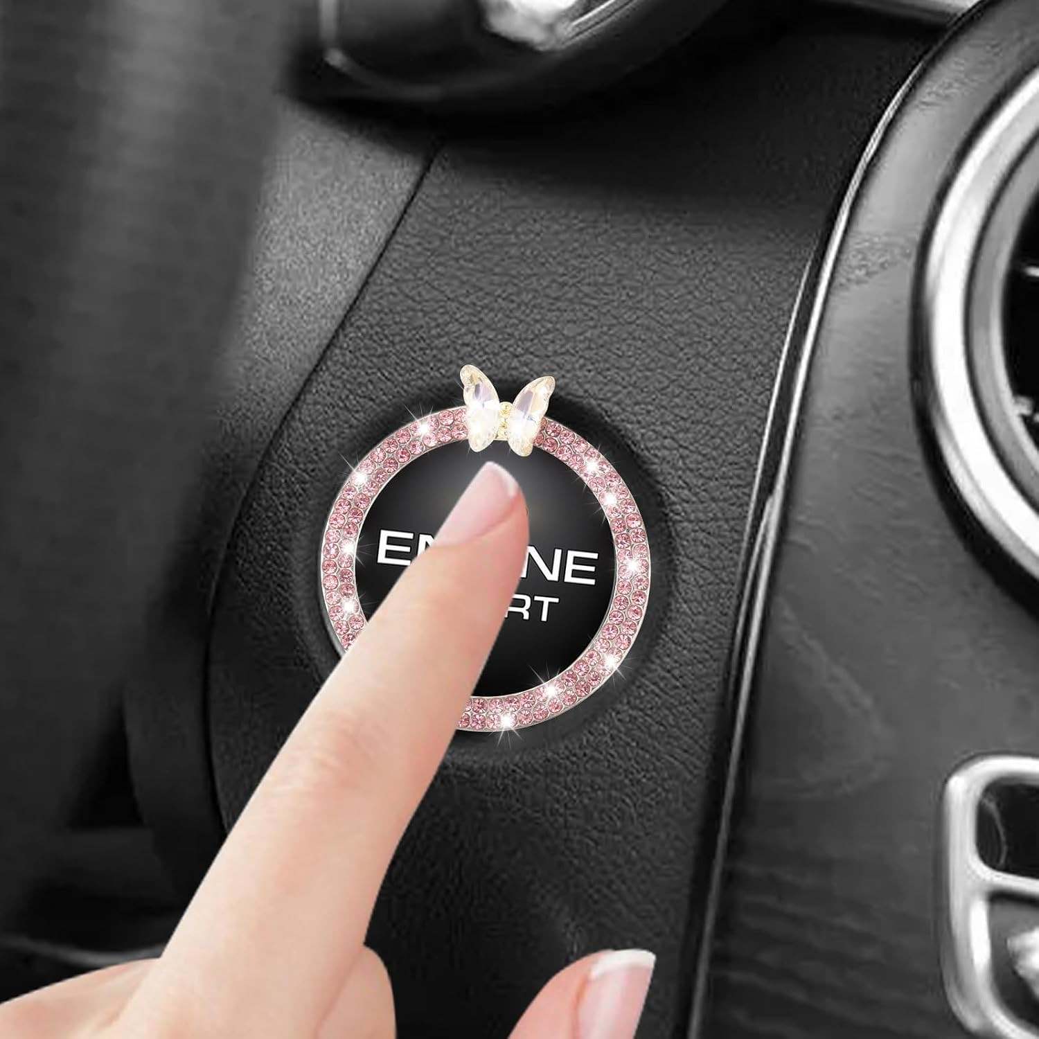 2PCS Car Engine Push Start Button Cover Decoration Ring,Bling Butterfly Push to