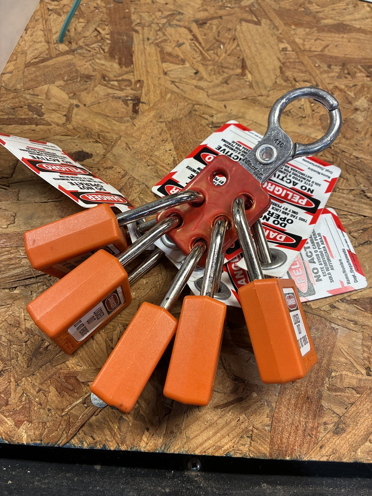 5 Master Lock 410orange Lockout Padlock, Keyed same.  With clasp Thermoplastic