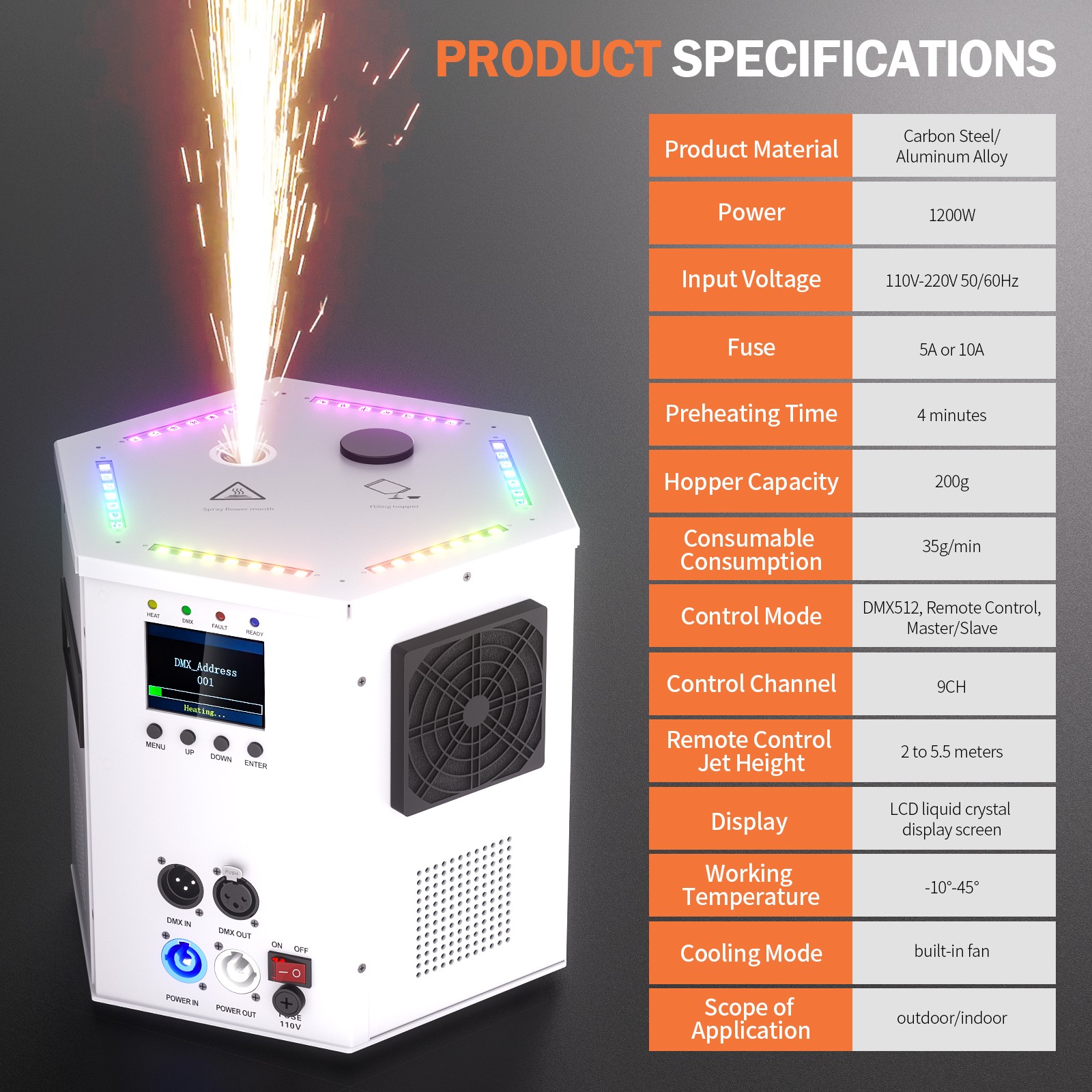 1200W Cold Spark Machine Stage Effect DMX Firework with Wireless Remote Control