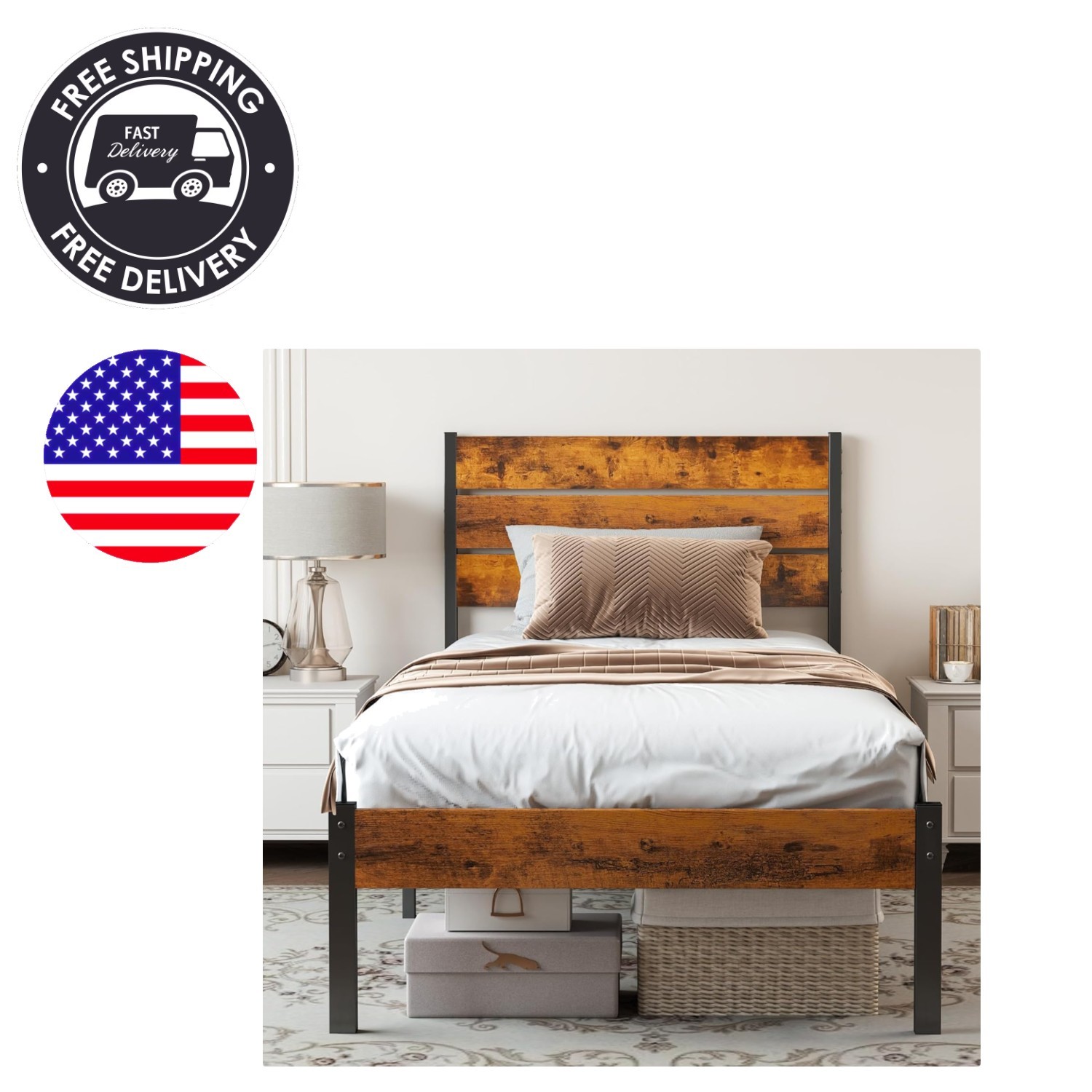 Twin Size Metal Platform Bed Frame - Mattress Foundation with Headboard and a...
