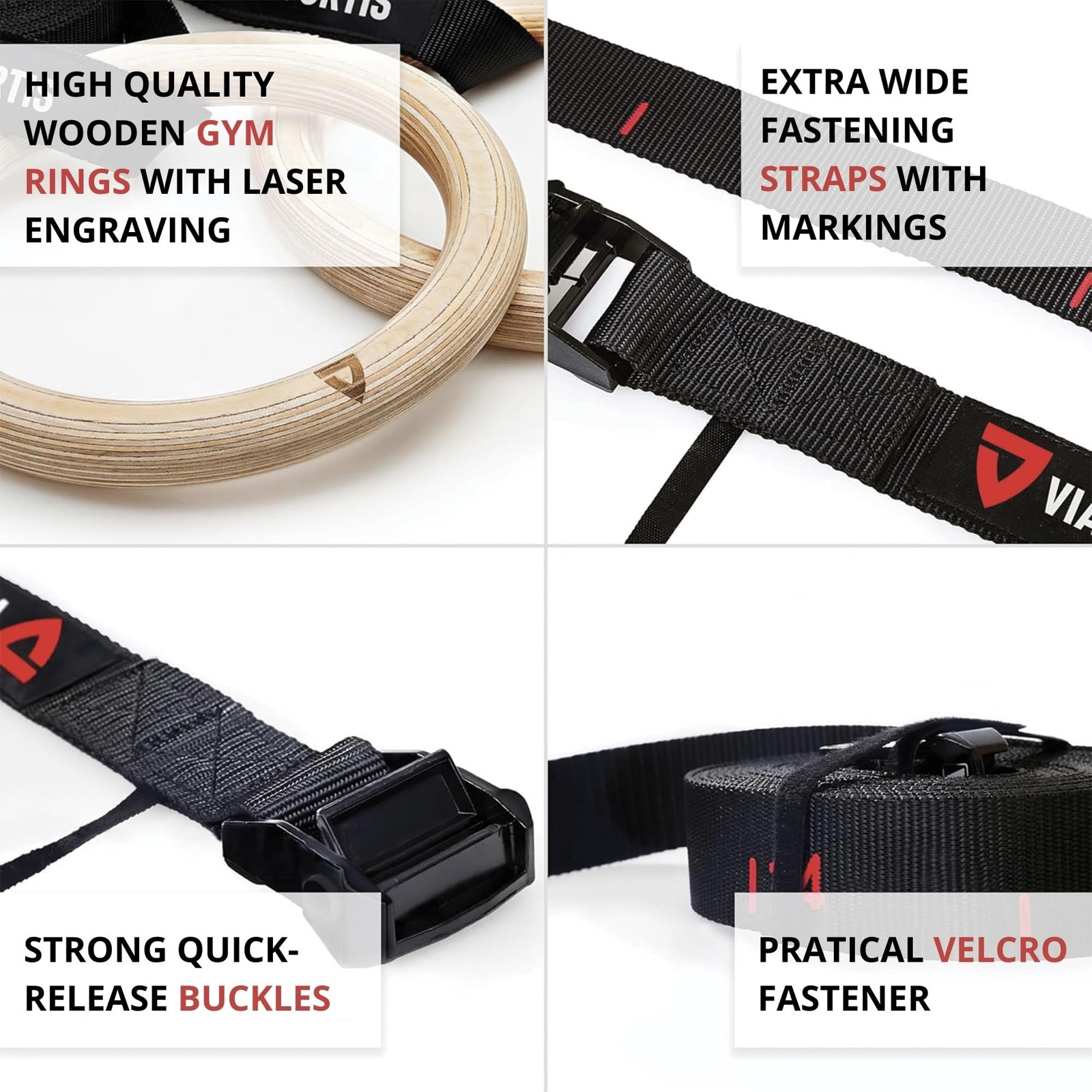 VIA Fortis® Premium Wooden Gym Rings with Straps, Bag & Workout Guide - Gym R...