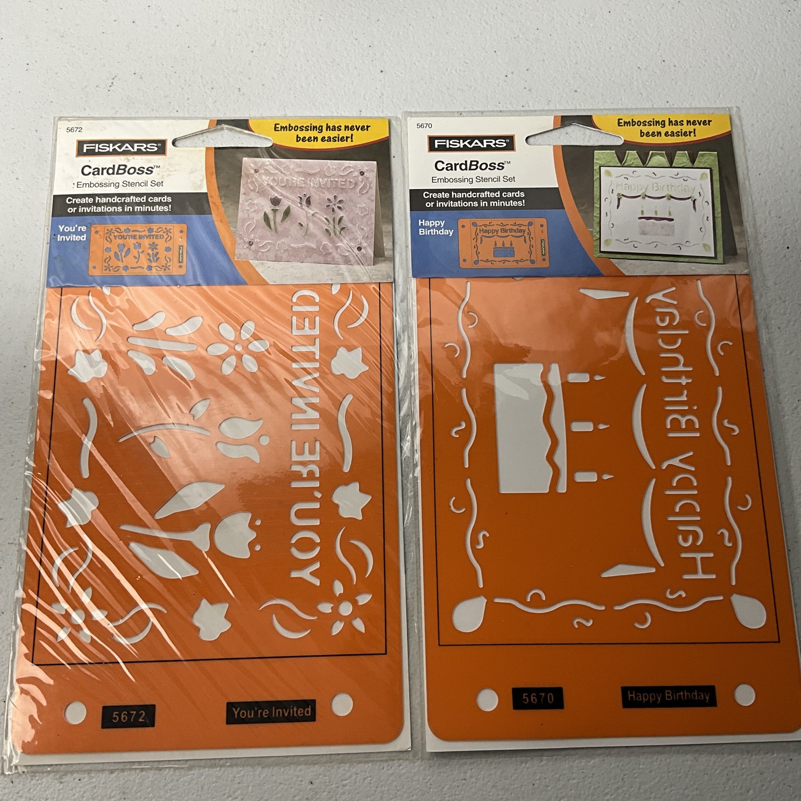 Fiskars CardBoss Embossing Stencil Sets Lot 5672 You're Invited & 5670 Happy
