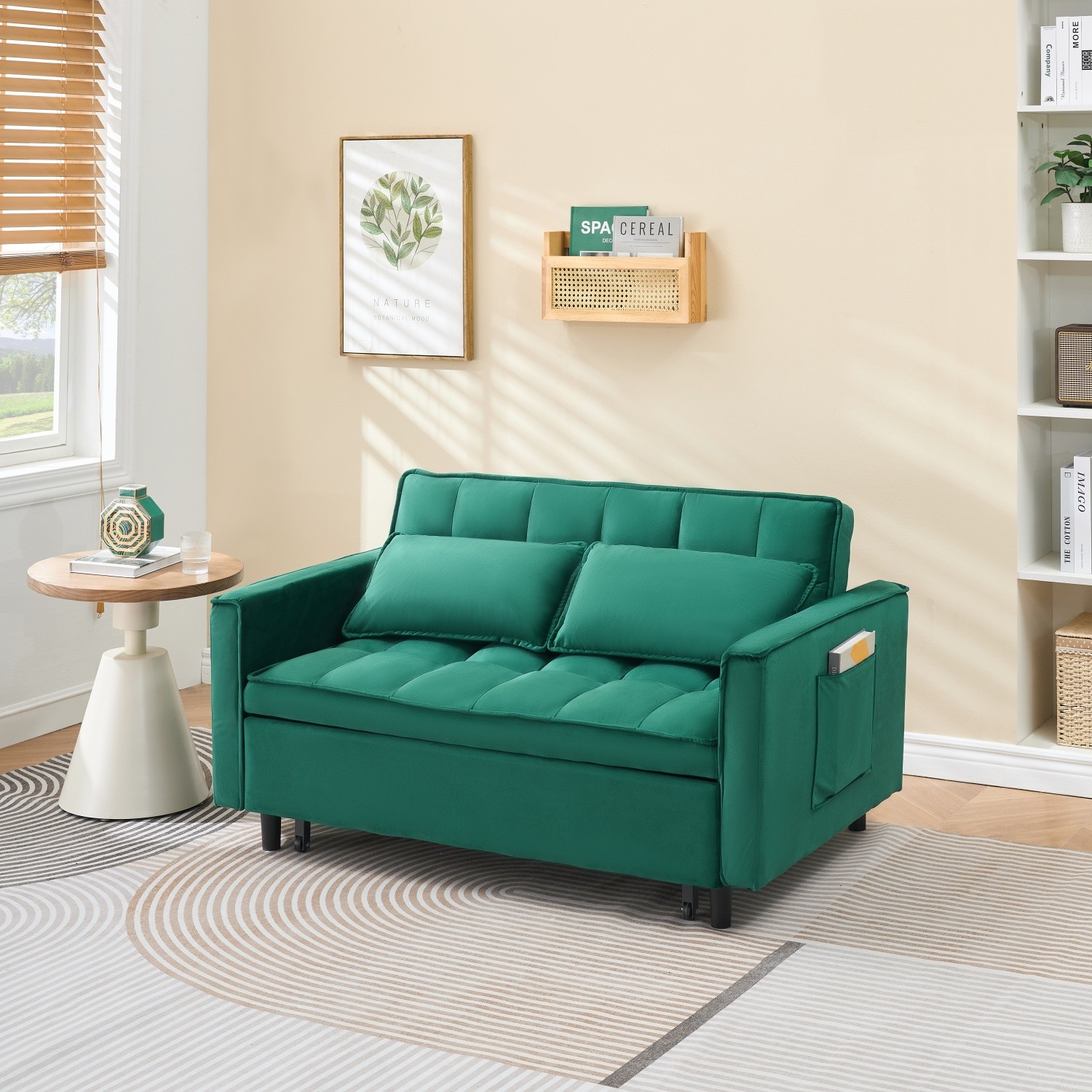 Modern Green Velvet Sofa 3in1 Convertible Folding Sleeper Sofa Bed w/ Pillows