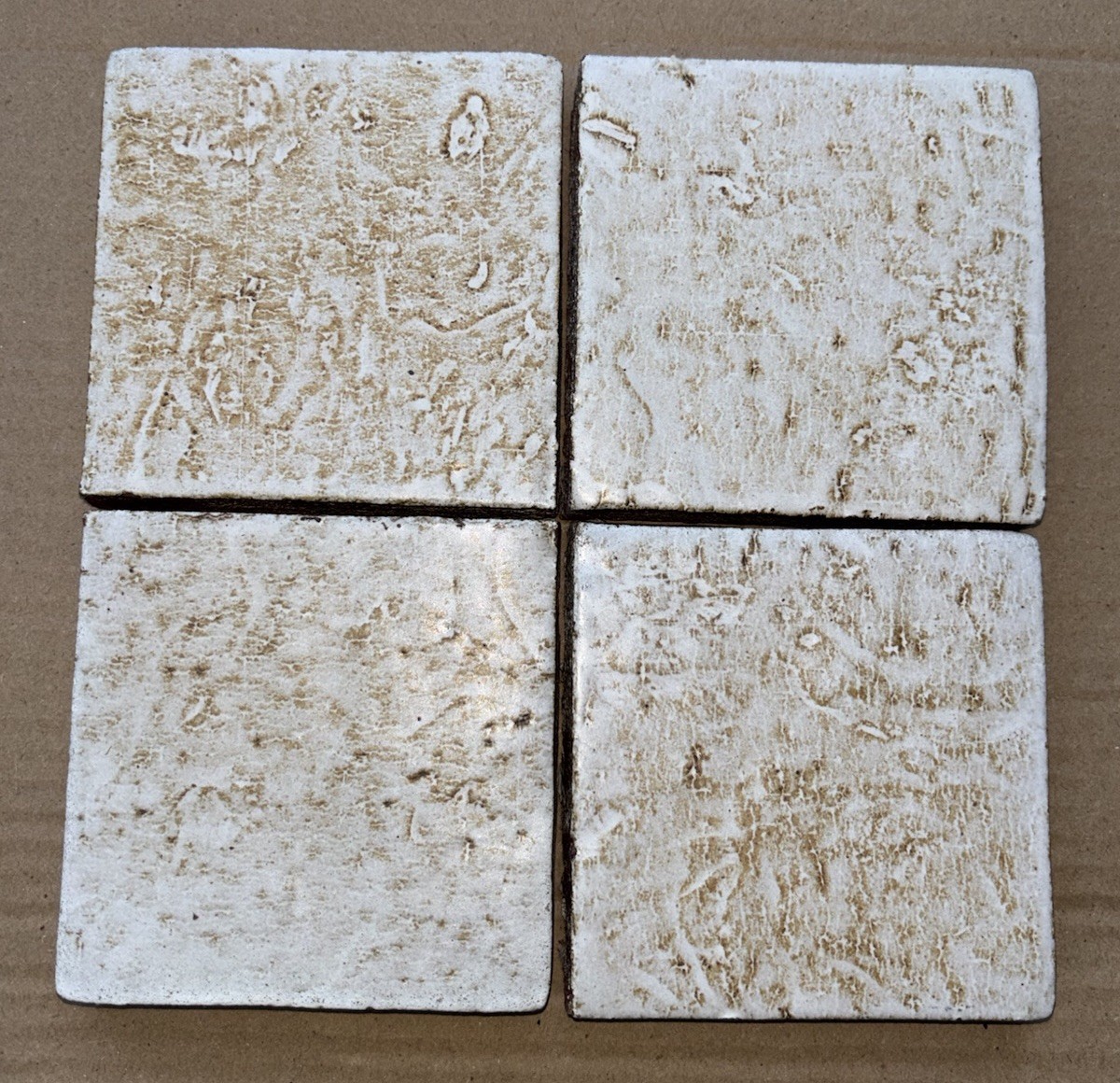 4 Vintage Hand Made Mottled Glazed Field Tile THICK 3 7/8"sq Set of 4 NOS #A