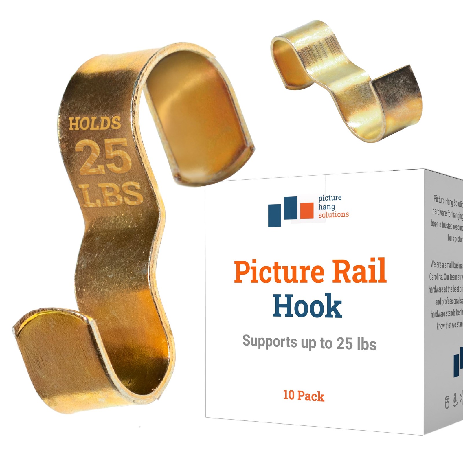 PHS Polychromatic Picture Rail Hooks, Holds 25 lb, 10 Pack 10 Pack, Brass