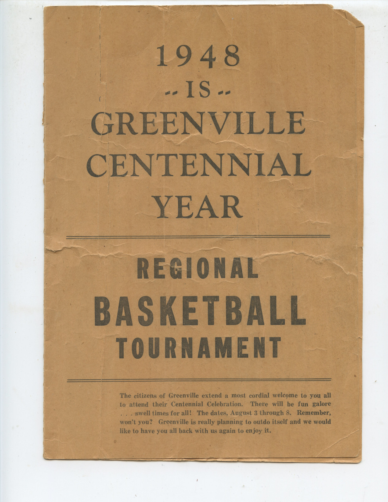 1948 MICHIGAN REGIONAL BASKETBALL TOURNAMENT PROGRAM (GREENVILLE CENTENNIAL)