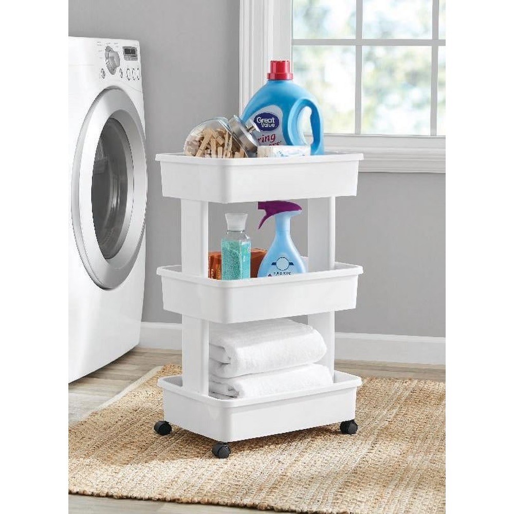 Plastic Rolling Laundry Cart with Wheels 3 Tier Foldable Storage Hamper White