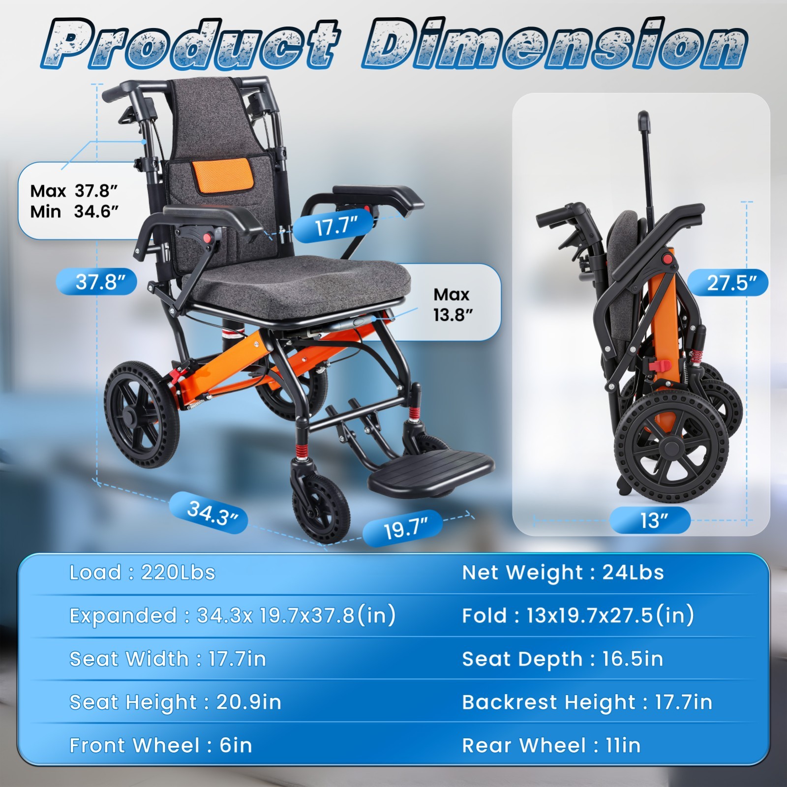 24lbs Lightweight Transport Wheelchair, Adjustable Backrest, Telescopic Handle