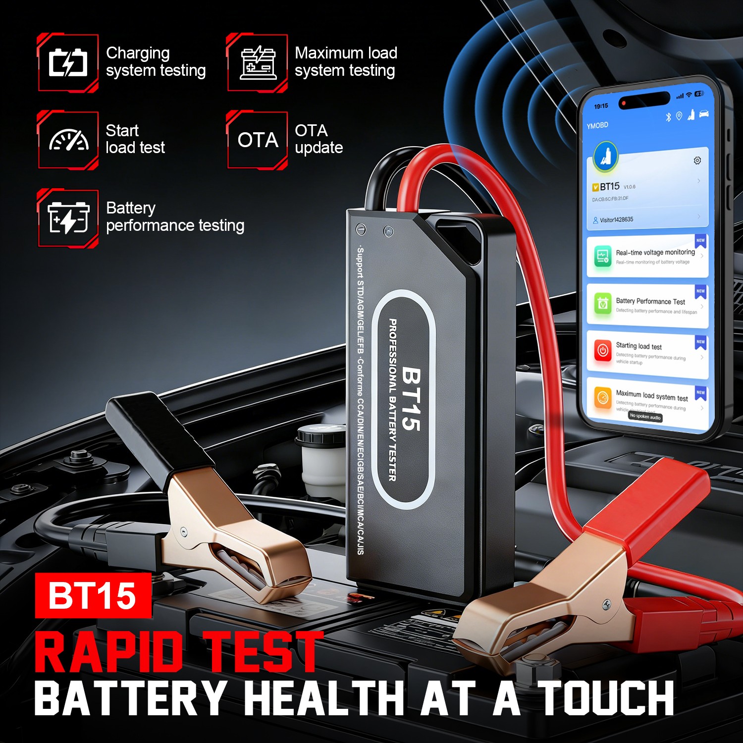 Bluetooth Battery Tester 12/24V Car Battery Analyzer Cranking Charging Test Tool