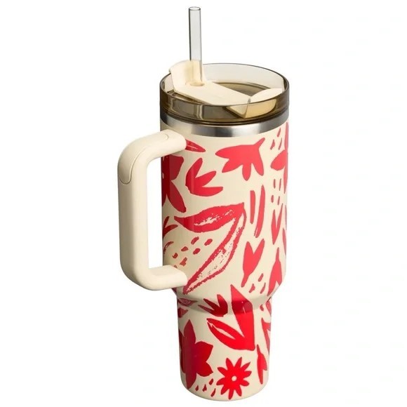 Stanley 40 oz Floral Cream & Red Insulated Tumbler with Handle, Lid & Straw