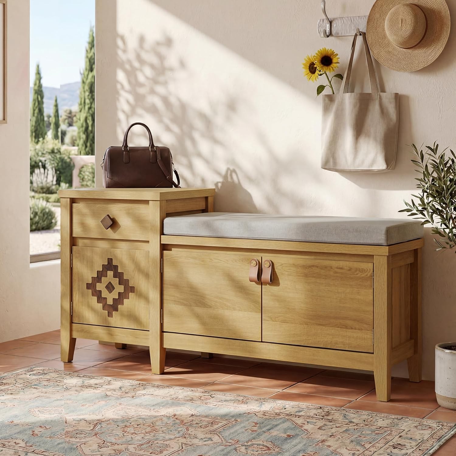 Natural 44" Rustic Entryway Storage Bench Cushioned Seat Drawer & Cubbies