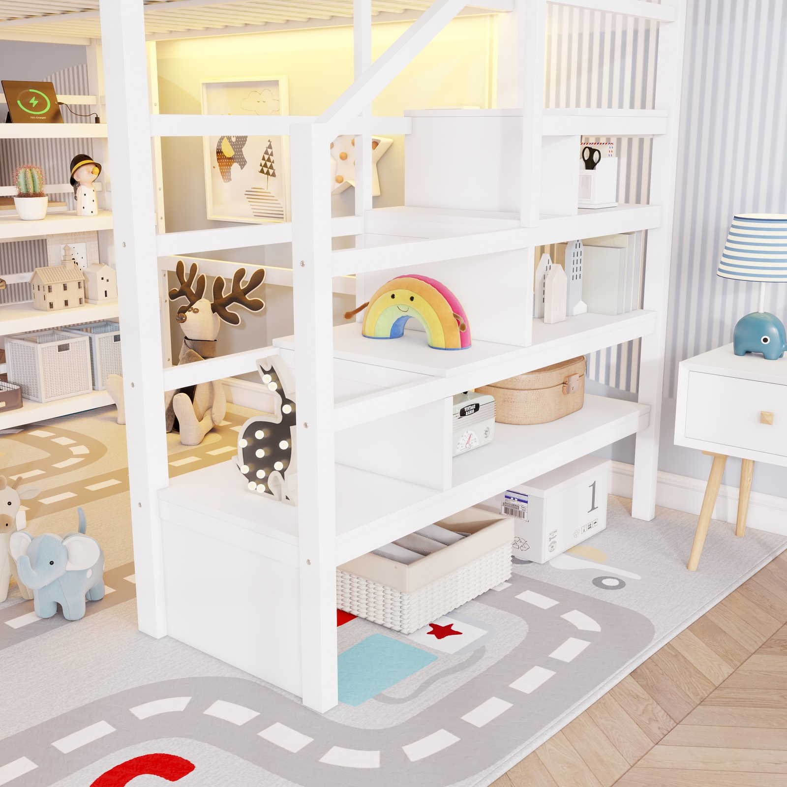 Metal Full Loft Bed W/4 Shelf Storage Rack Storage Stairs for Kids Teens White