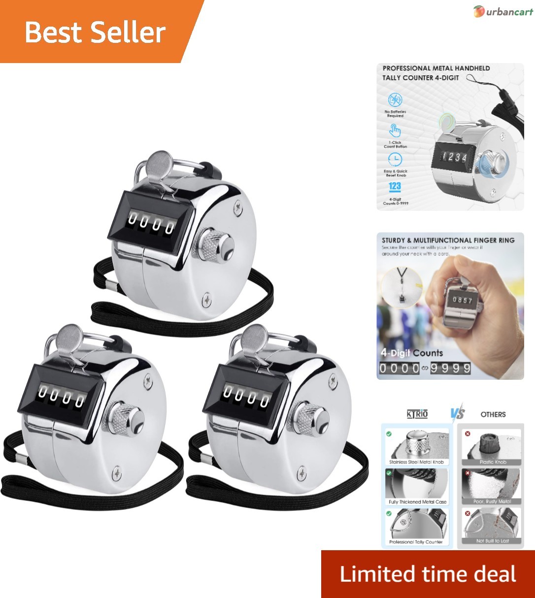 Durable Metal 4-Digit Mechanical Clicker Counter — Battery-Free, Portable, Mu...