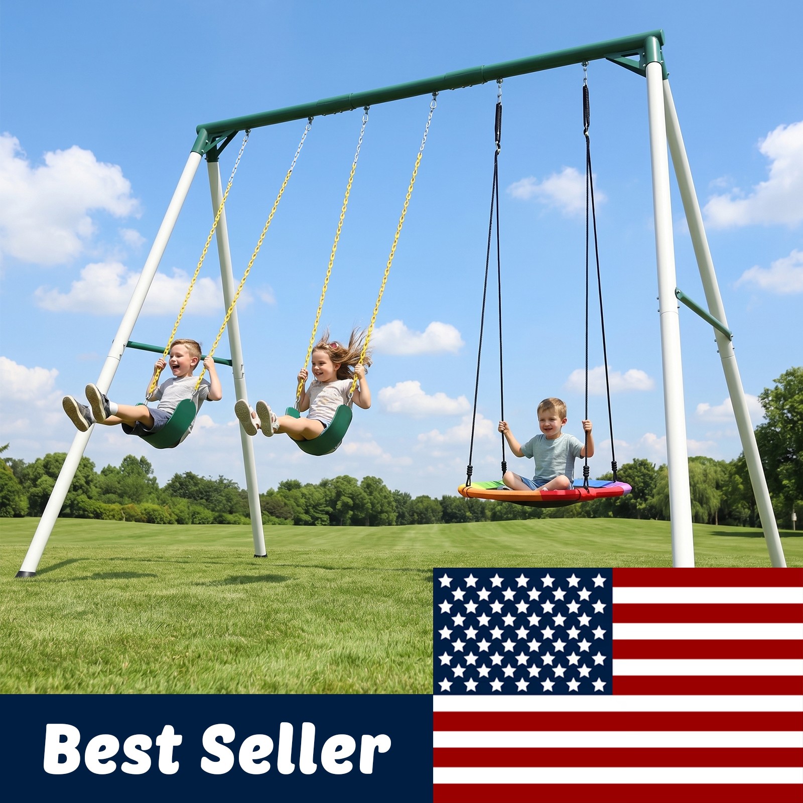 700LBs Heavy Duty A-Frame Metal Swing Set with 3 Swings Kids Adult Backyard Play
