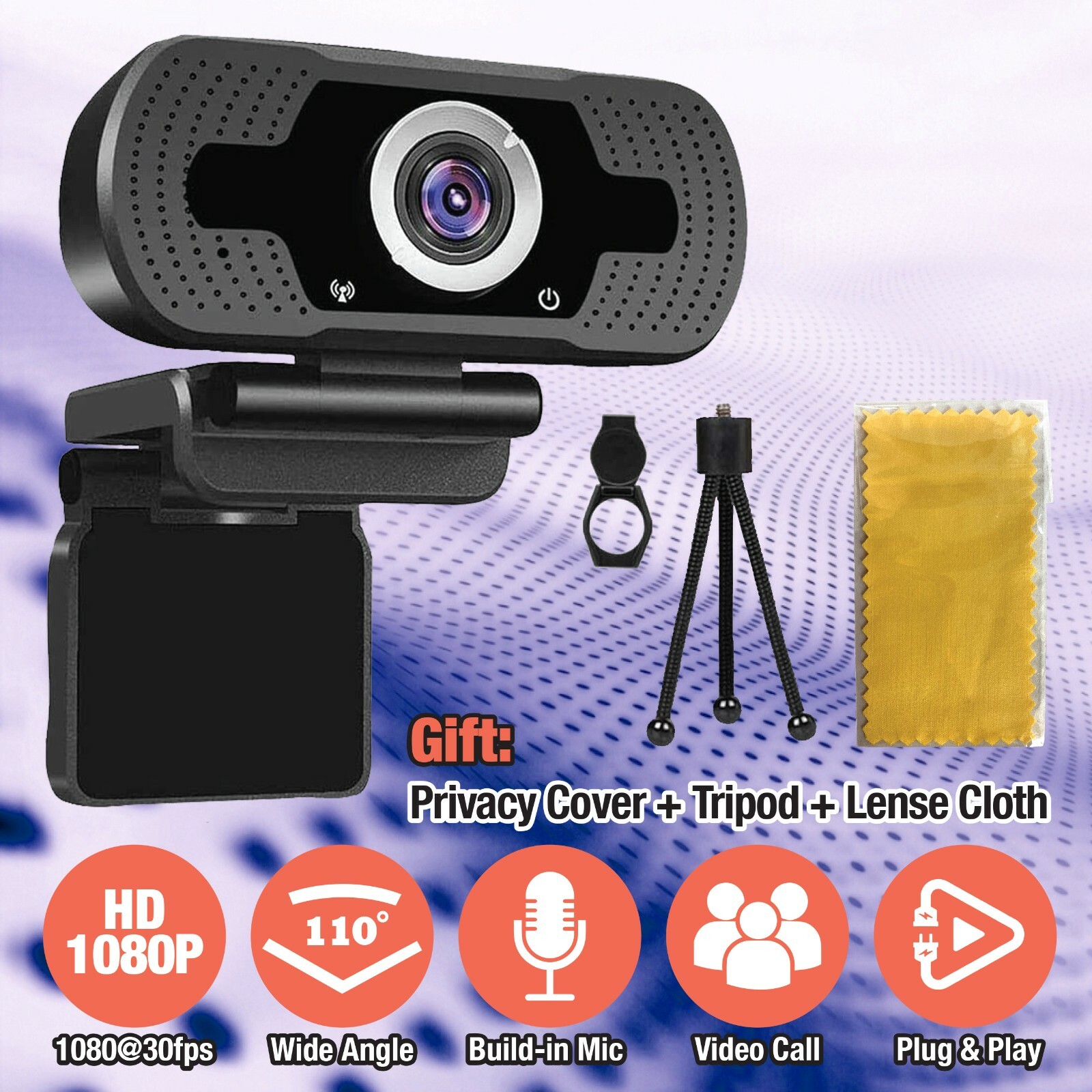 1080P Webcam w/ Microphone Tripod USB HD Camera, for Zoom YouTube Skype FaceTime