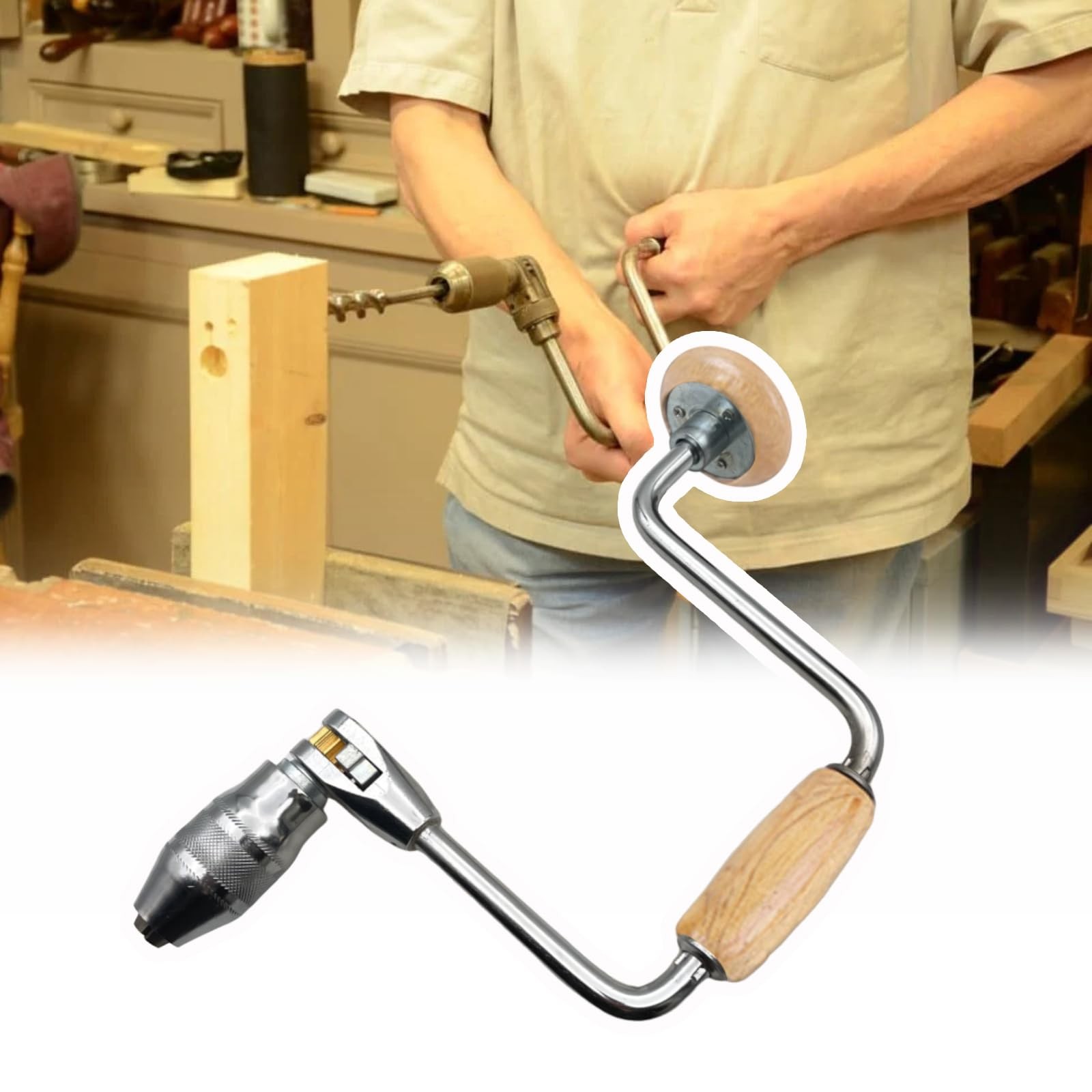 Carpenters Bit Brace Hand Crank Drill with 12-inch Swing Arm, Comfortable Non-sl