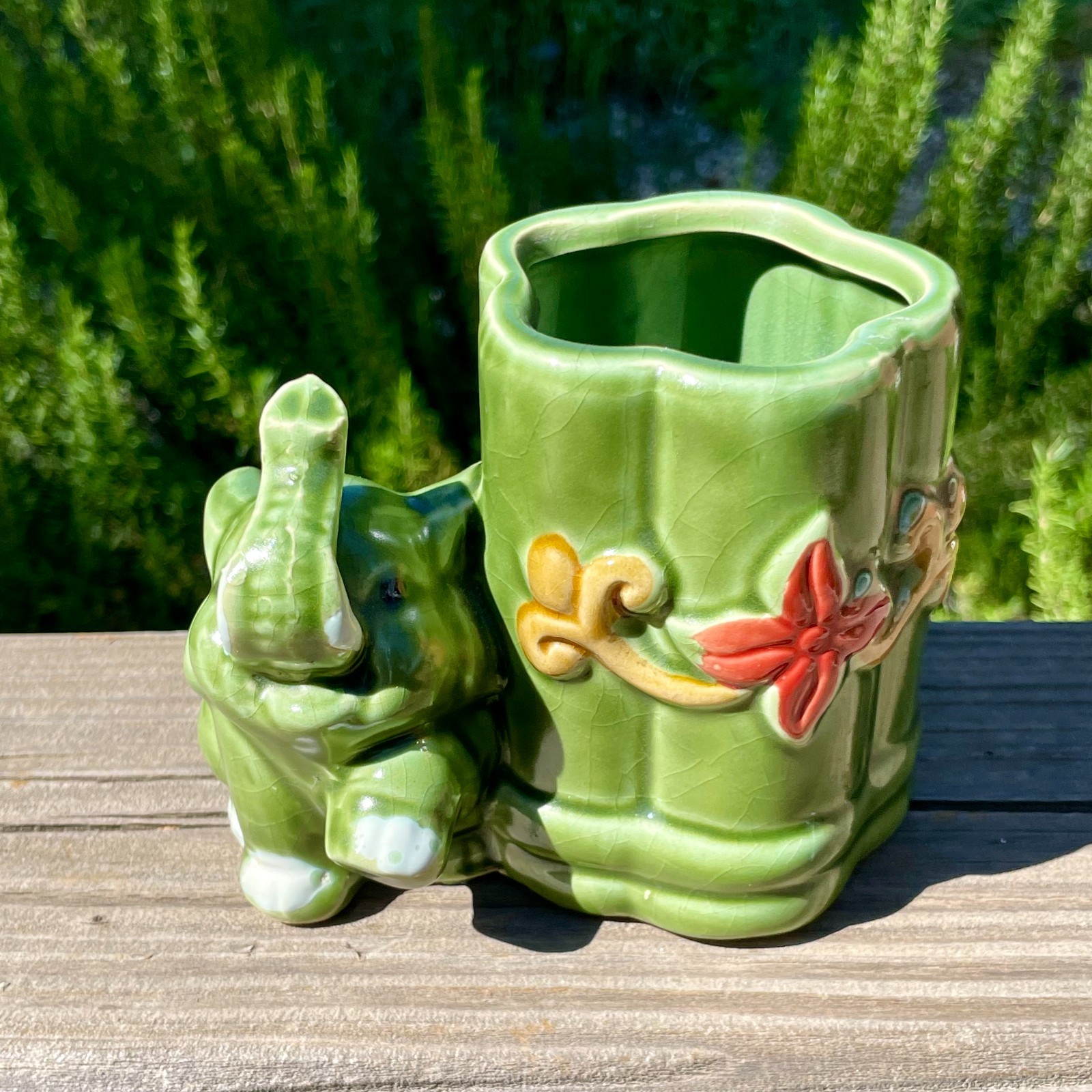 Vtg Majolica Style Lucky Elephant Trunks Up Planter For Bamboo Succulents MCM