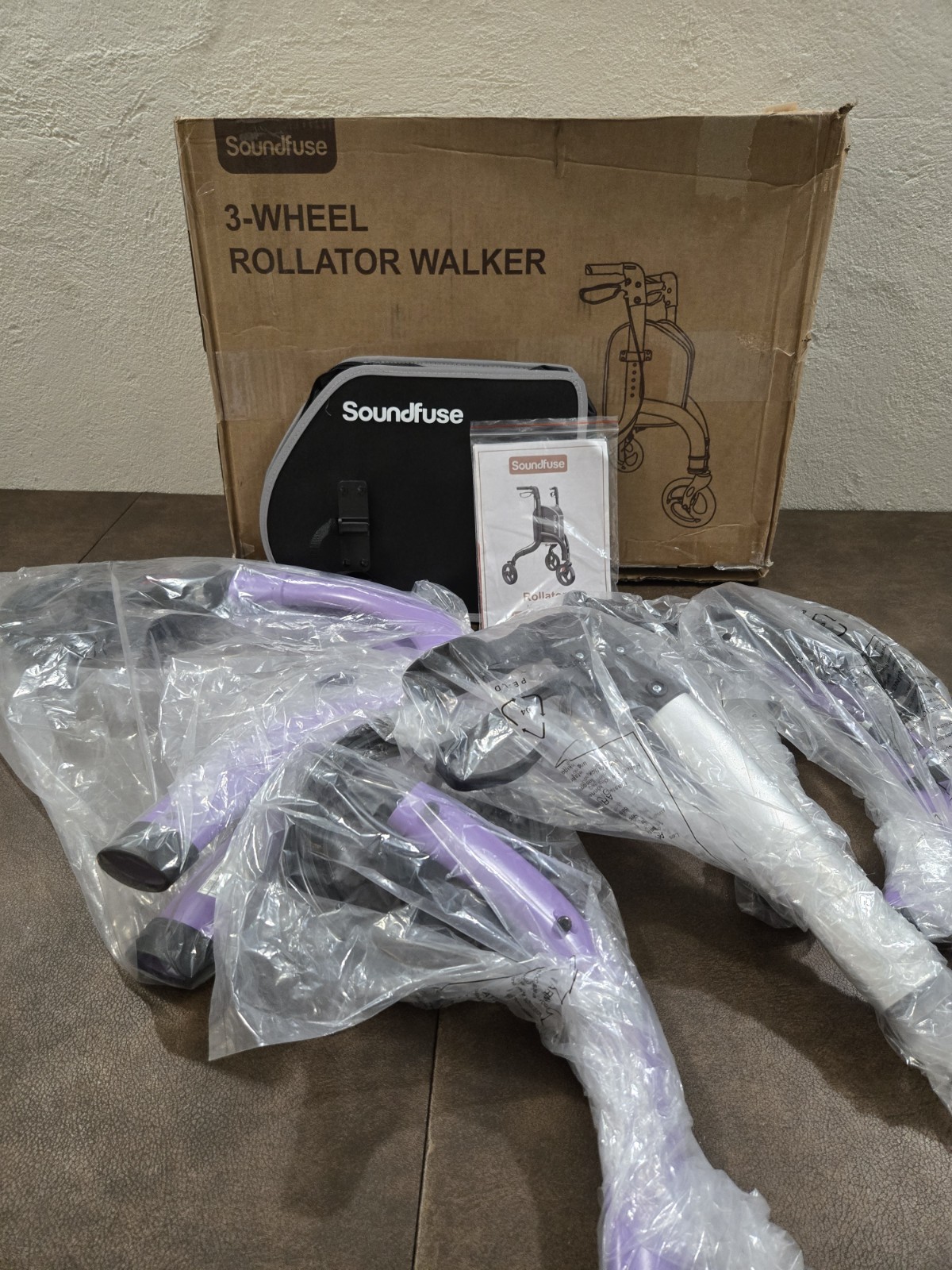 Soundfuse 3 Wheeled Walker Adjustable Lightweight Foldable- Purple - Open Box