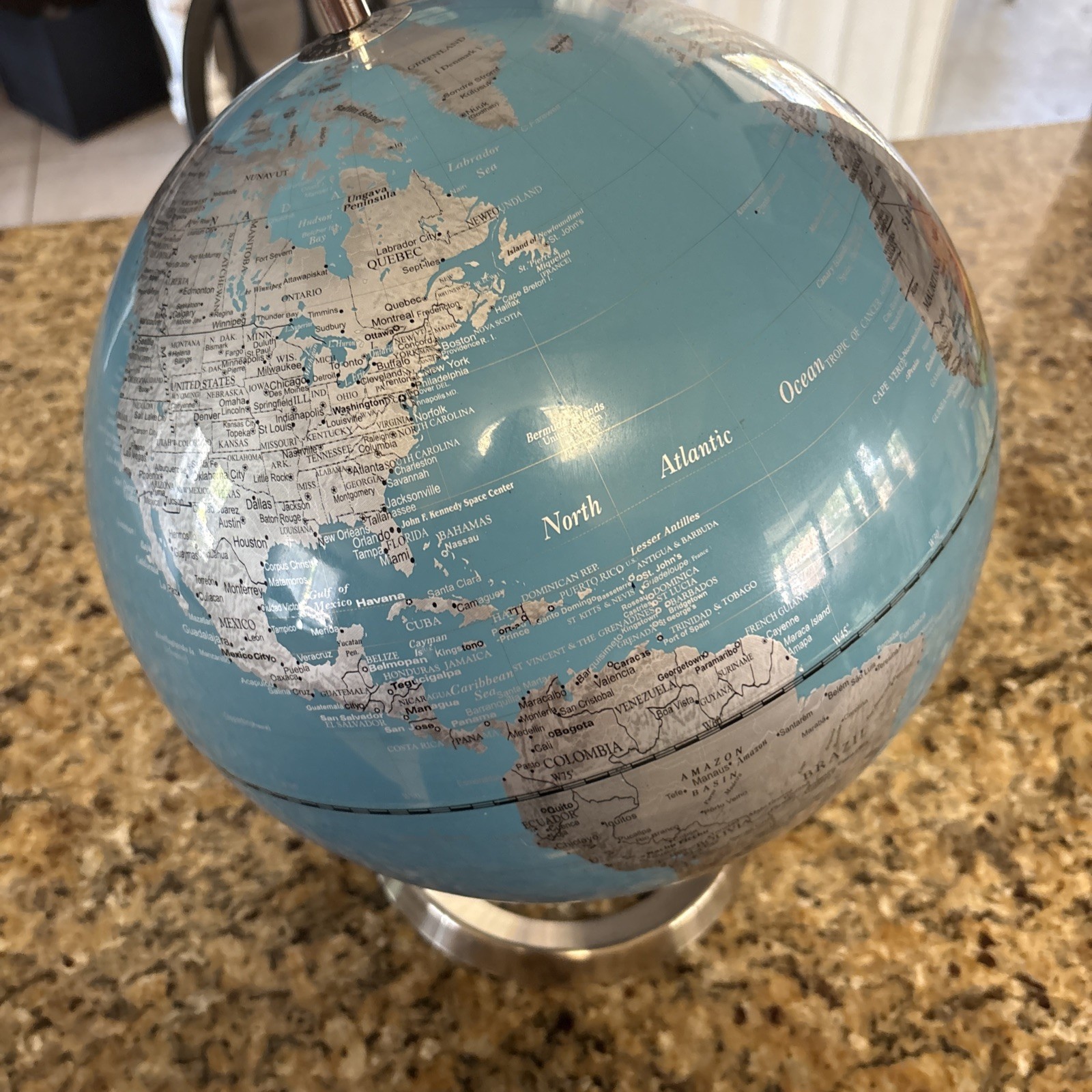 Gorgeous ZGALLERIE Chrome Base Explorer World Globe 12" Aquamarine Oceans Silver