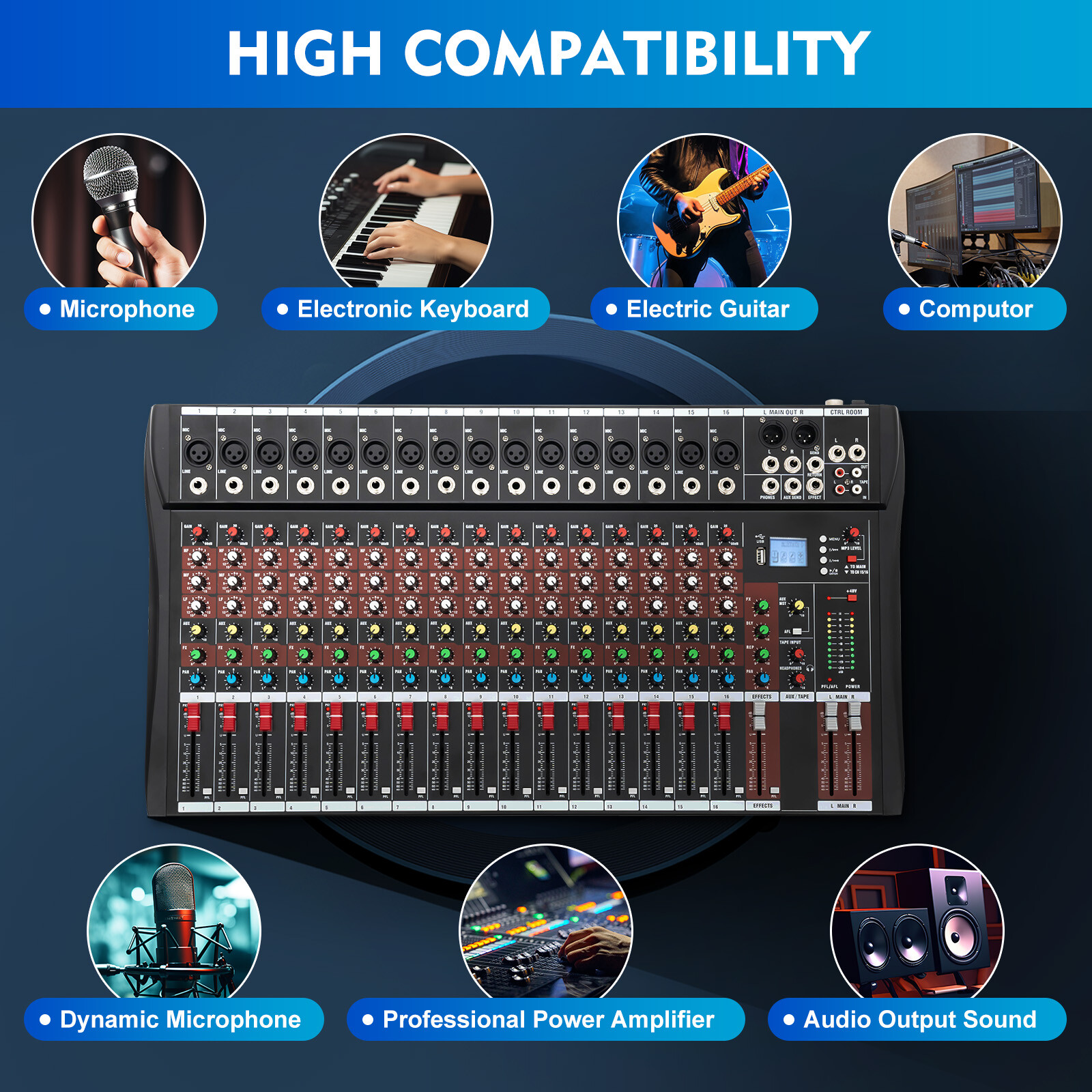 16 Channel Studio Audio Mixer Bluetooth USB Digital Sound Mixing Console Board