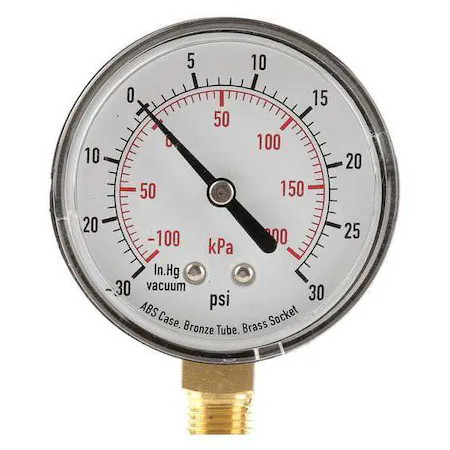 Commercial Compound Gauge, 30 To 0 To 30 Psi, 2 1/2 In Dial, 1/4 In Npt, Bottom