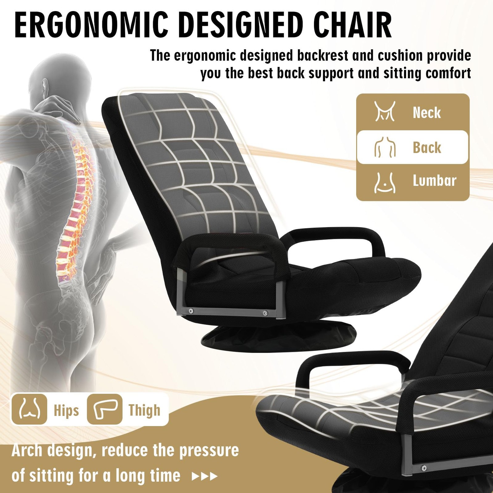 Swivel Floor Gaming Chair W/armrests Folding Video Reclining Sofa W/6 Adjustable