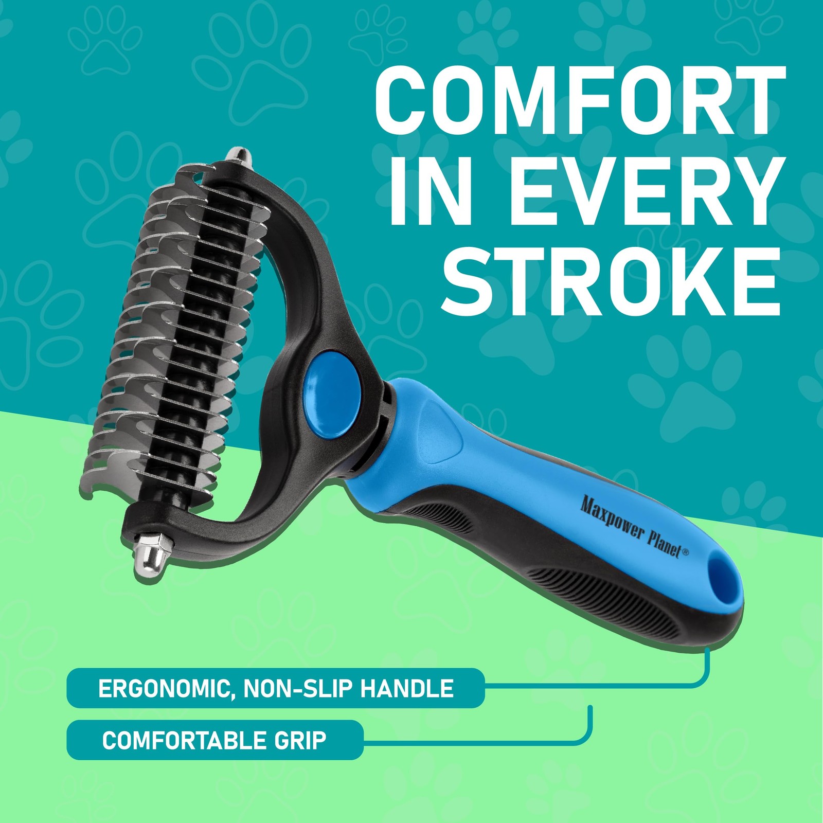 Maxpower Planet Original Pet Grooming Rake - Double-Sided Large, Blue