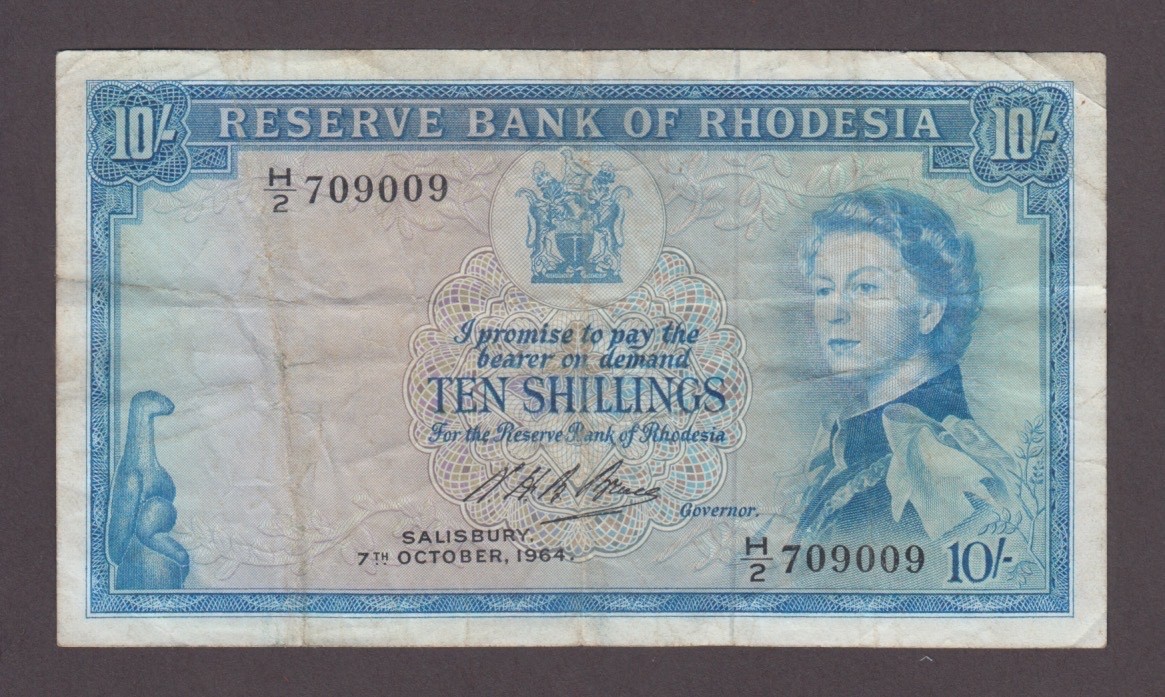 RHODESIA P.24-9009 10 SHILLINGS 7.10.1964 PFX H/2  F-VF  WE COMBINE  2511