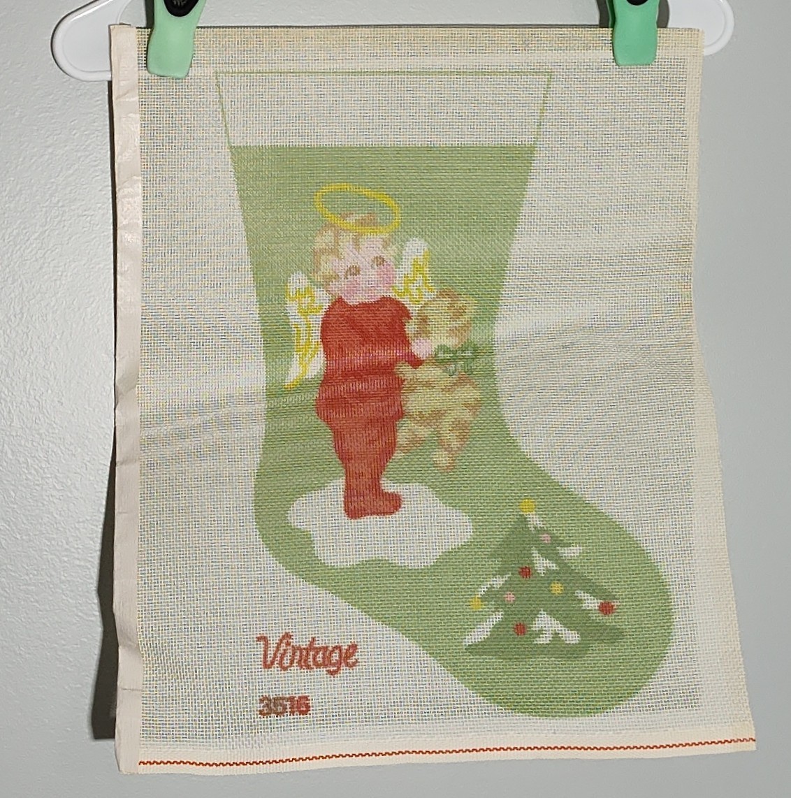 15" Angel Baby Tree Stocking Printed Needlepoint Canvas Pattern & Yarn Vtg 3516