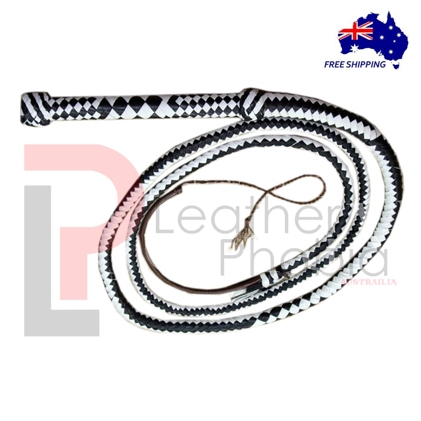 Genuine Cowhide Leather 8 Feet Long 12 Plait Heavy Duty Black/White Bullwhip
