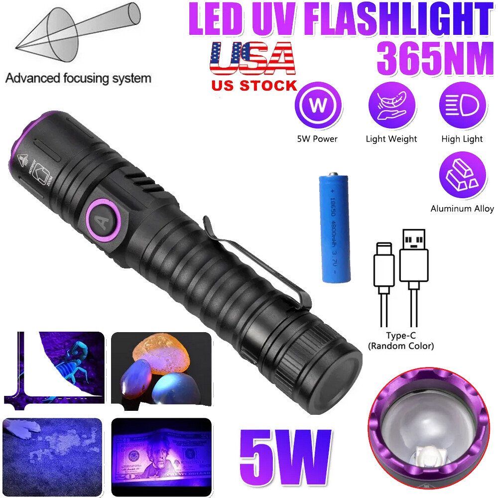 UV Light LED Flashlight 365nm Blacklight Inspect Torch Zoomable USB Rechargeable