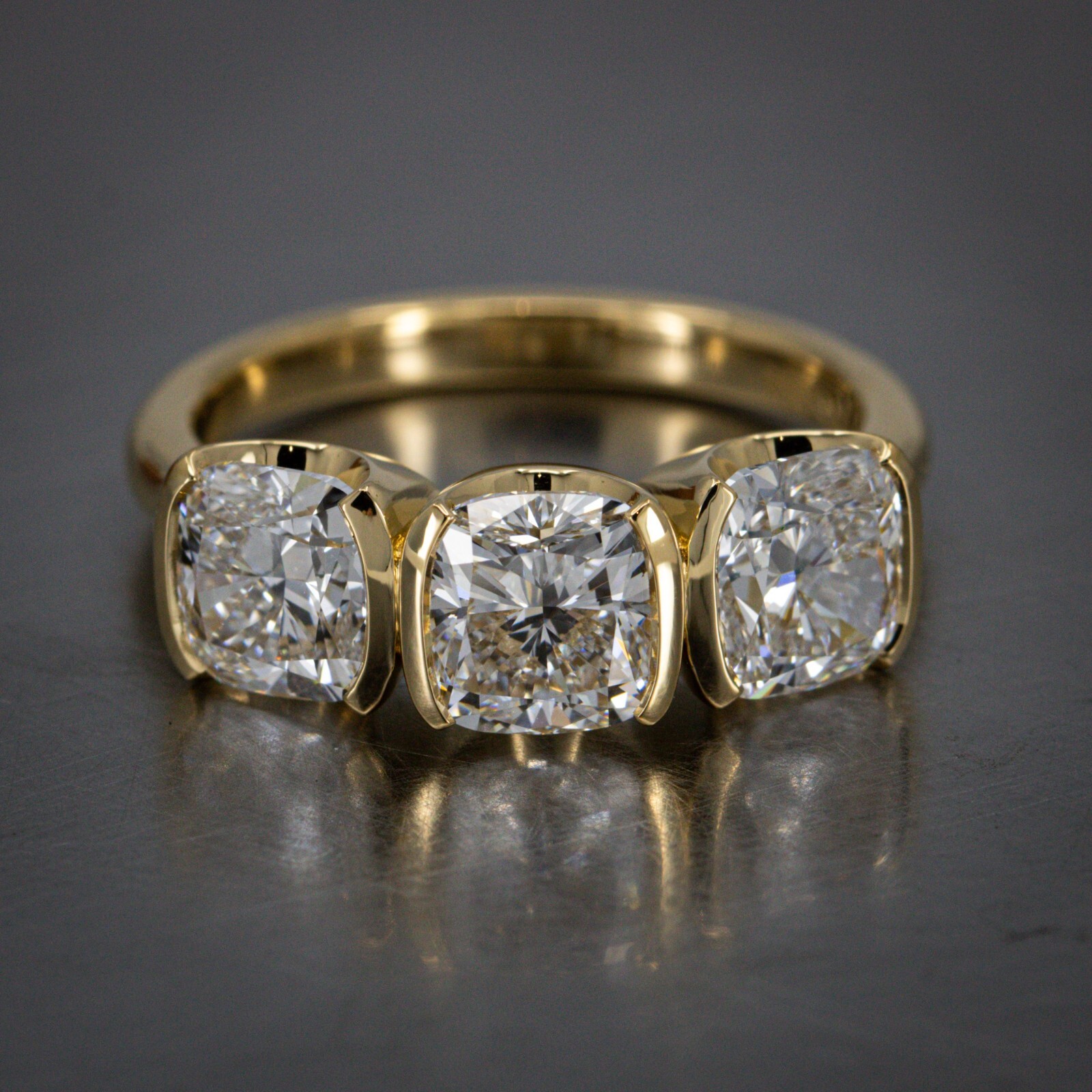 Three Stone Half Bezel 2.50CTW Cushion Brilliant Cut Moissanite Engagement Ring