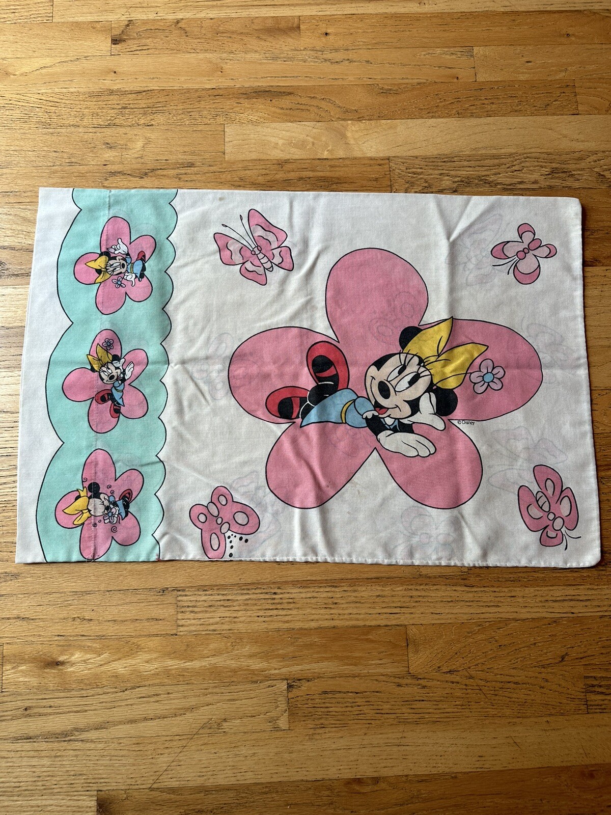 Vintage 90s Rare Minnie Mouse Pastel Butterfly Spring Flower Standard Pillowcase
