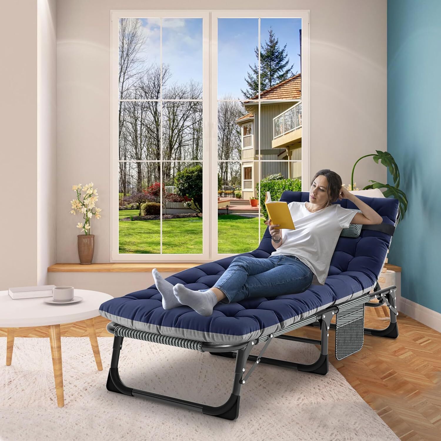 Folding Lounge Chair 5-Position Adjustable Outdoor Reclining Chair Sleeping Cot