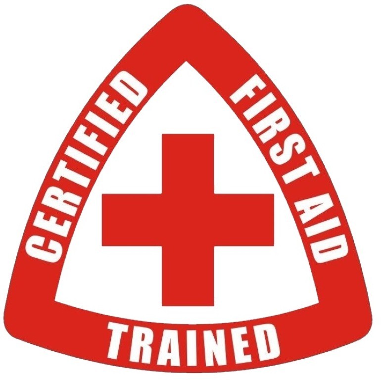 CERTIFIED FIRST AID TRAINED STICKER RED ON WHITE HARD HAT STICKER