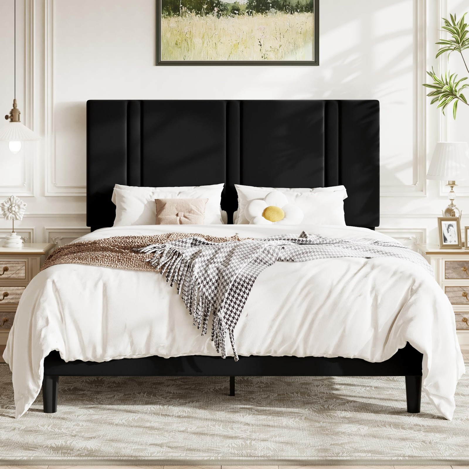 Base De Cama Full Size Madera y Metal Tapizada Con Cabecera Moderna Barata Negra