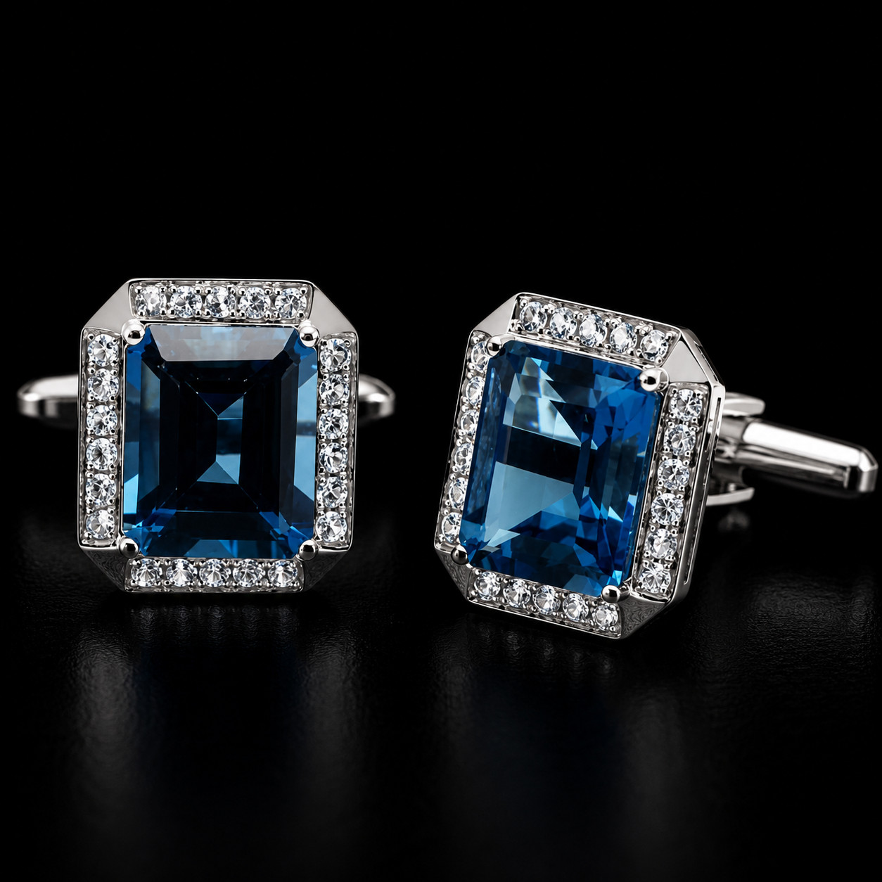 Luxury Blue Sapphire Crystal Cufflinks Silver Tone Rectangle Halo Wedding Formal