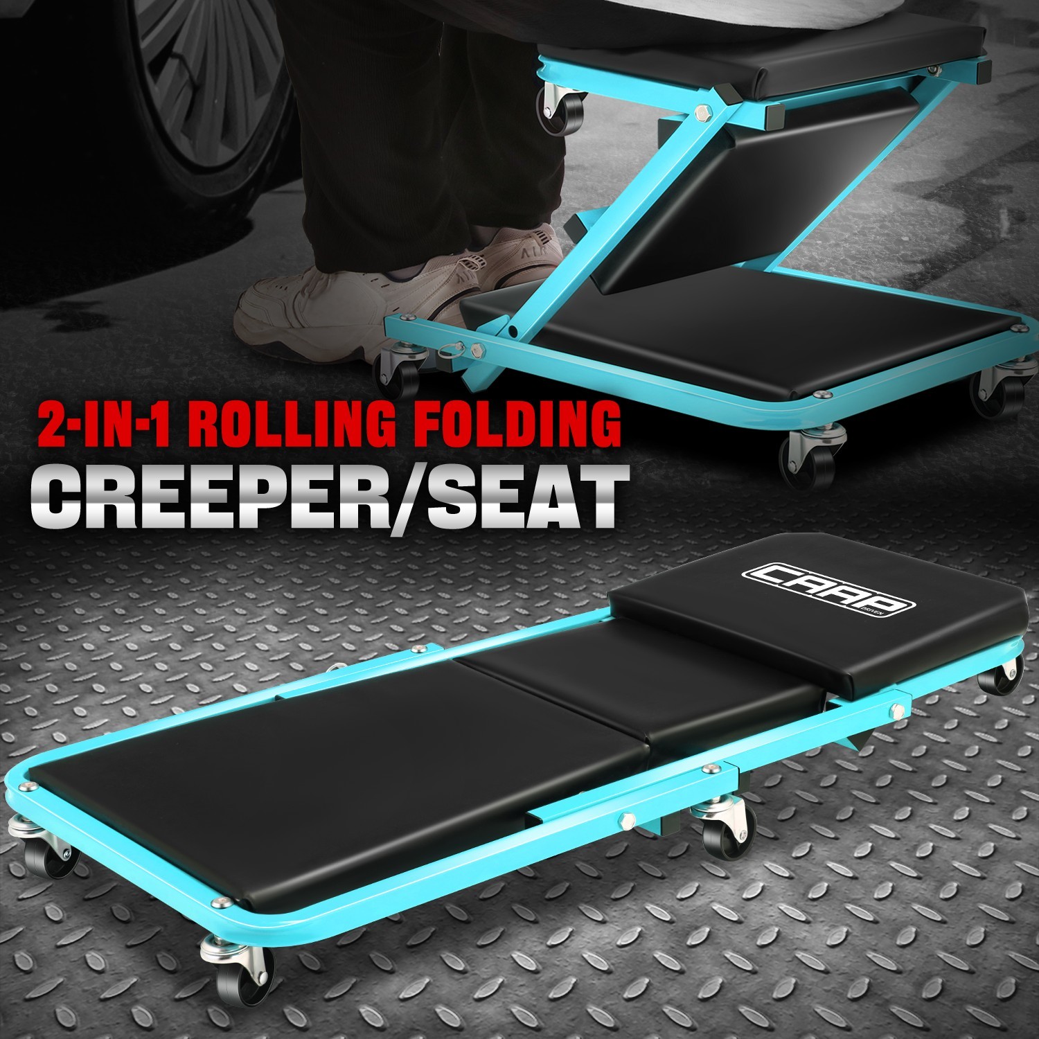 36" 2-in-1 Rolling Garage Mechanic Folding Z-Creeper Car Seat Stool Sky Blue