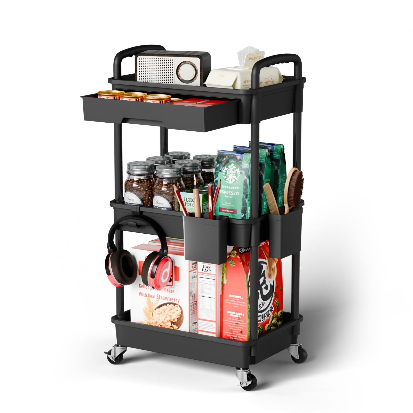 3 Tier Rolling Cart Organizer Kitchen Storage Cart w/Wheels Black