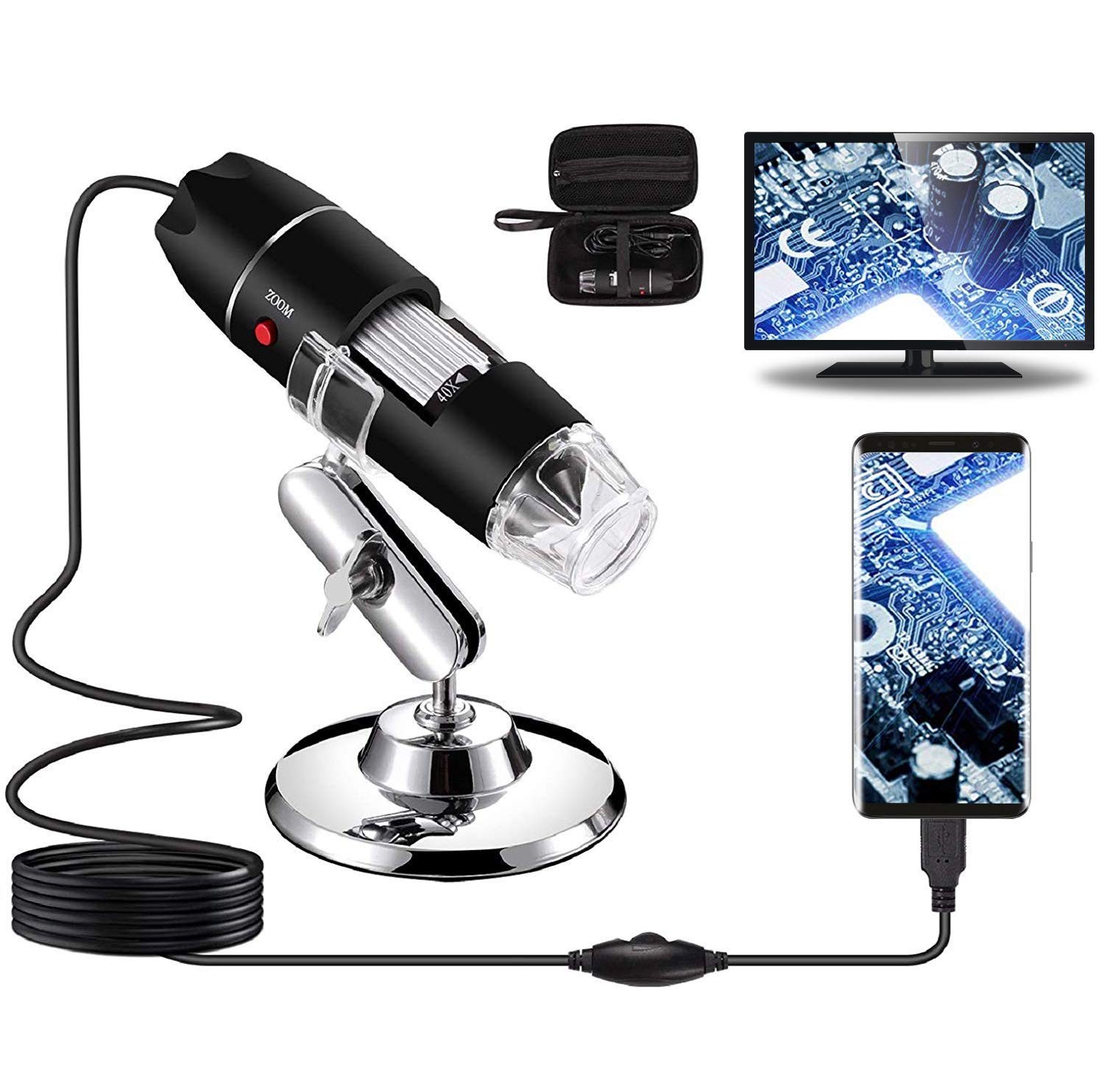 USB Digital Microscope 40X to 1000X, 8 LED Magnification Endoscope Camera with C