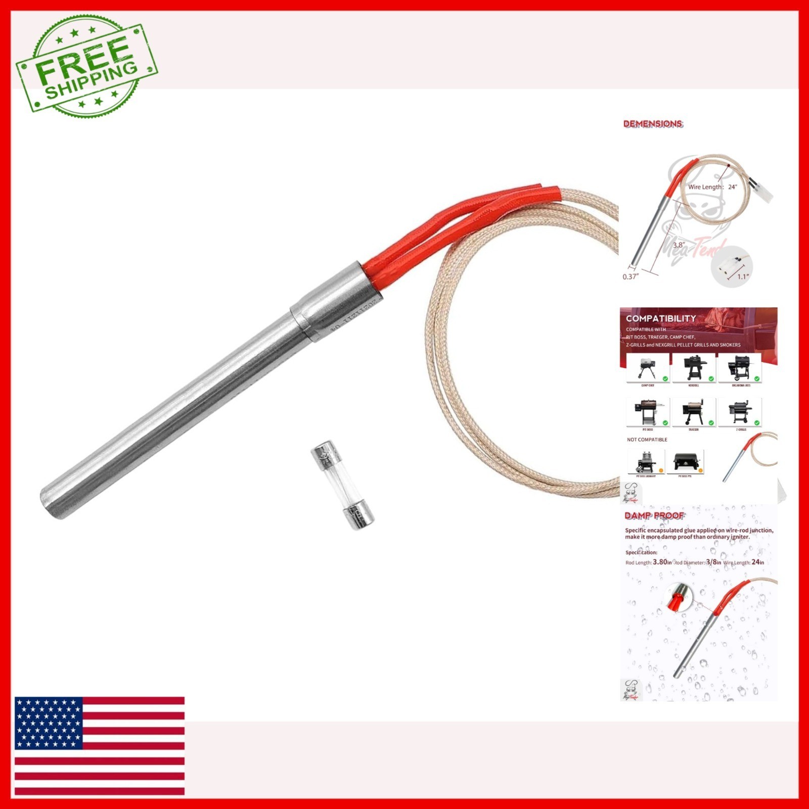 Meatender Hot Rod Igniter Replacement for Traeger, Pit Boss, Camp Chef Grills