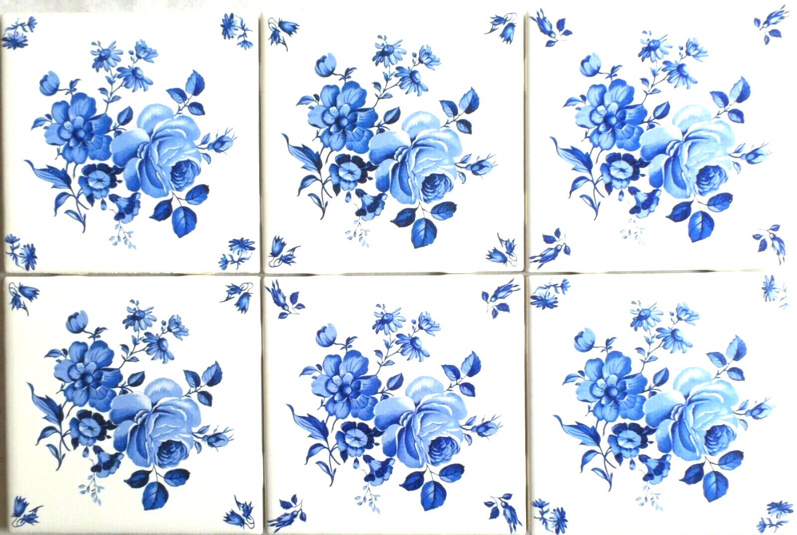 Blue Delft Flowers Roses set of 6 Kiln Fired Tiles 4.25" x 4.25"
