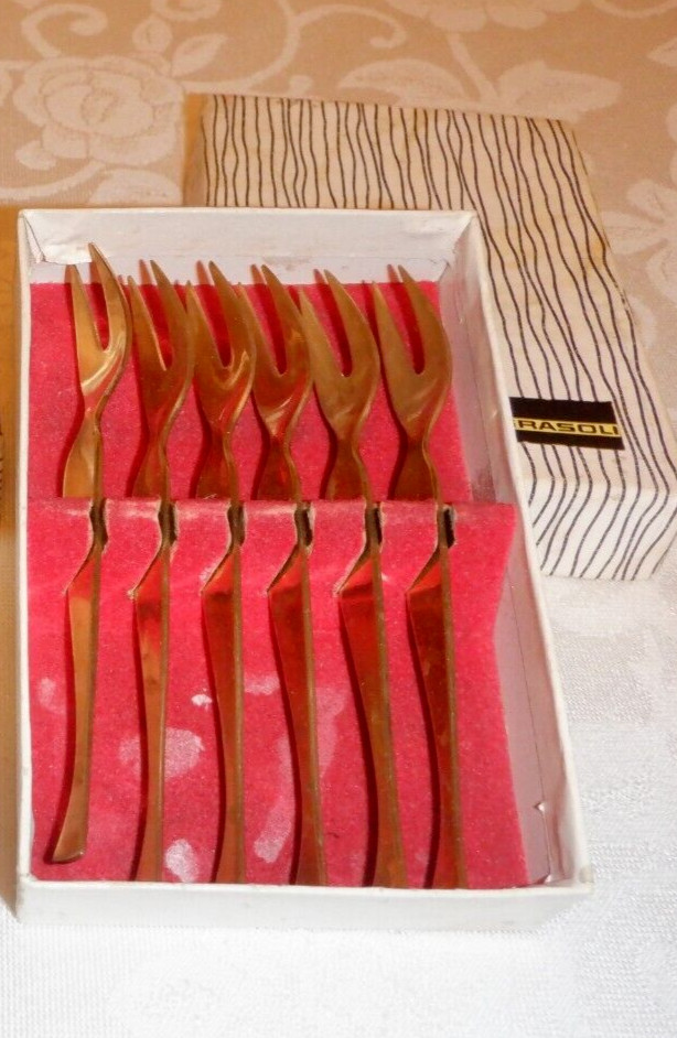 6 Grasoli Cocktail Forks MCM Gold Electroplated Germany Boxed Olive Cheese Party