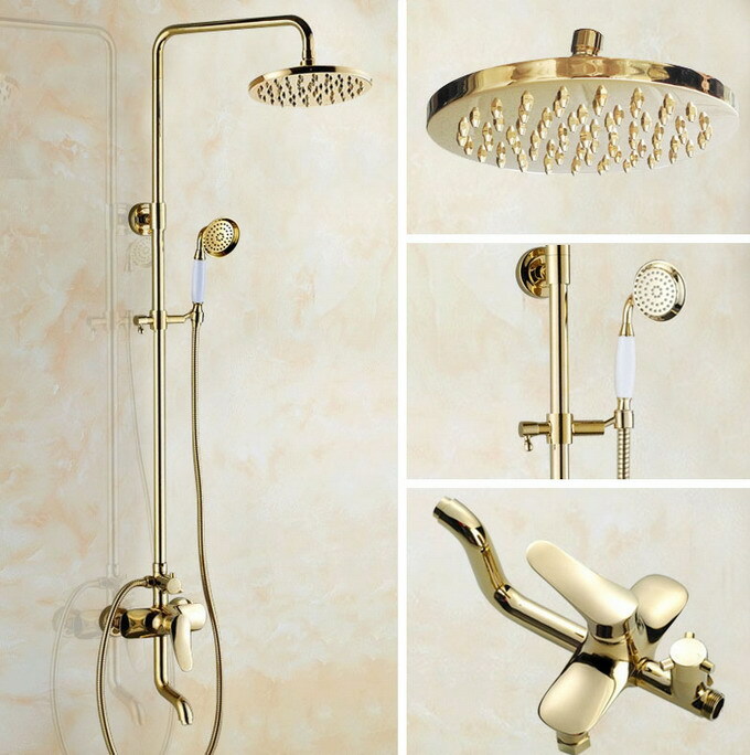 Wall Mounted Gold Brass Bathroom Rainfall Shower Faucet Set Tub Mixer Tap 2gf312