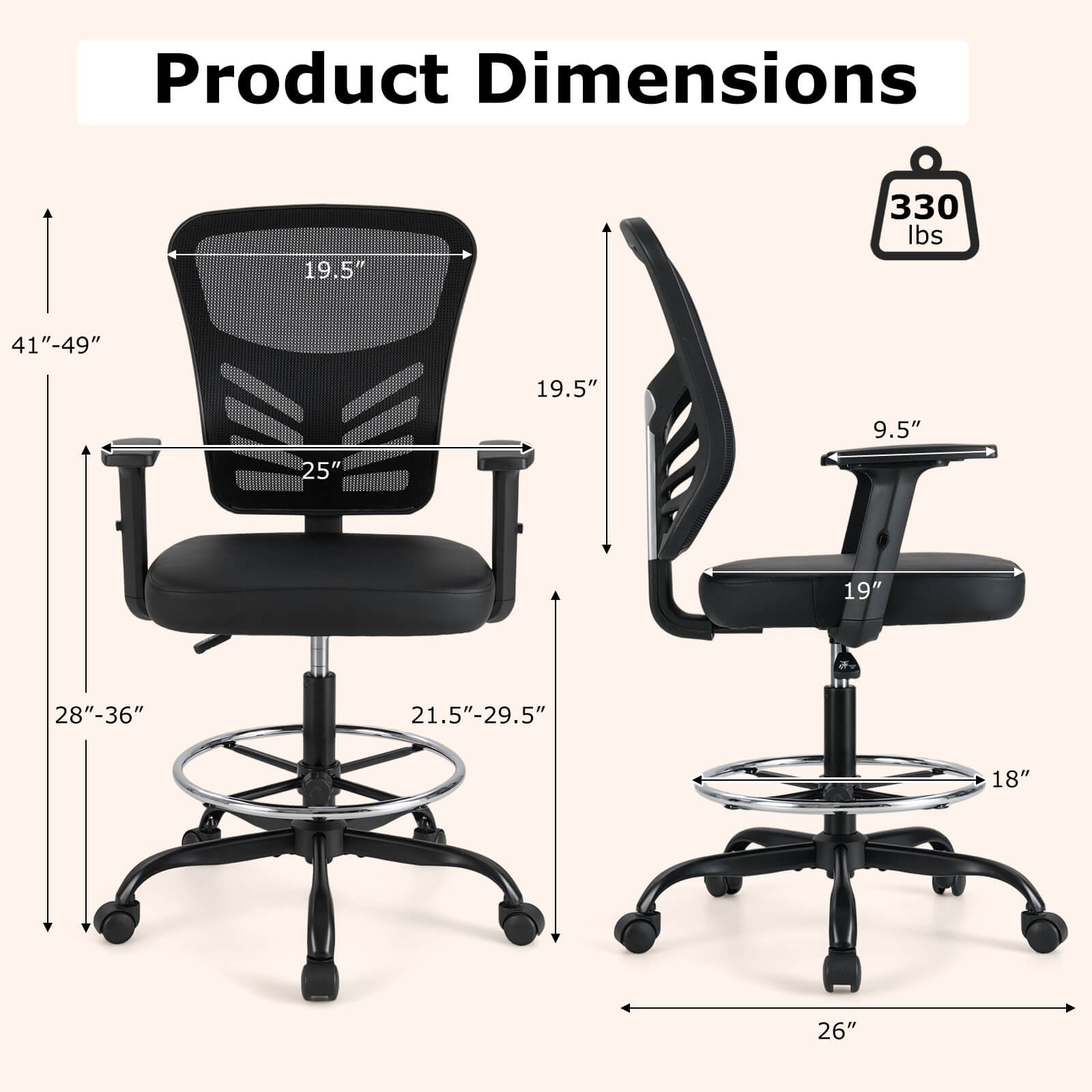 Costway Mesh Chair Office Chair Mid-Back Tall Drafting Chair w/ Armrests Black