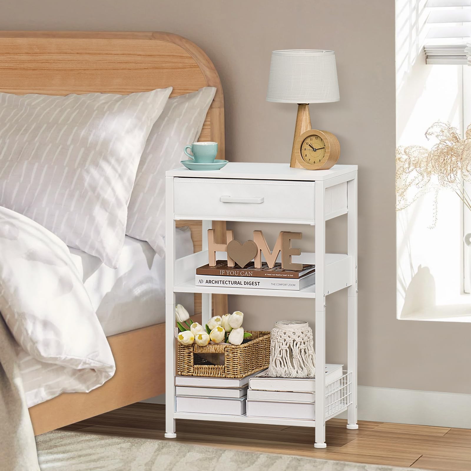 White Printer Stand with Fabric Drawer, 3 Tier Industrial Side Table, Modern ...
