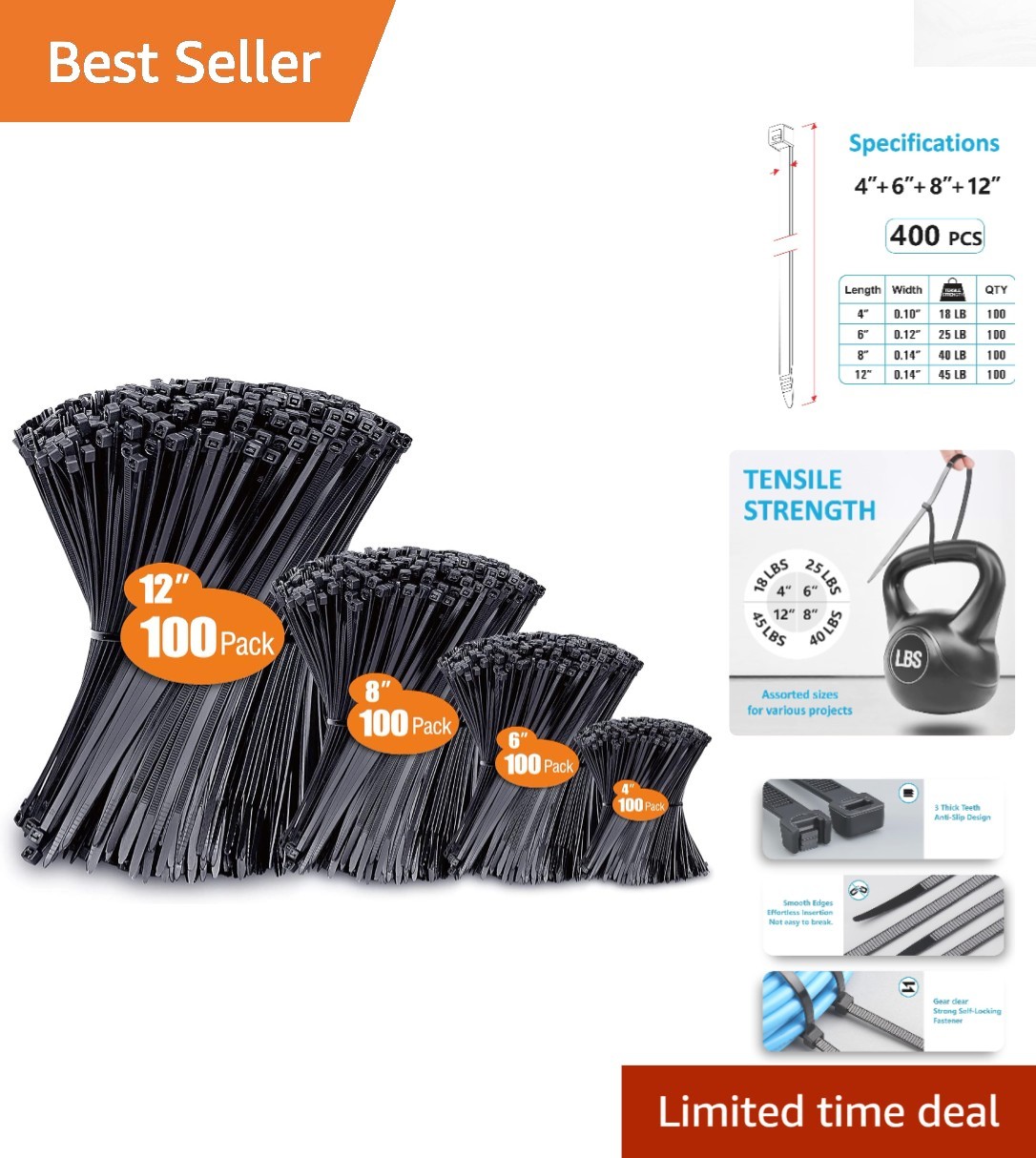 Zip Cable Ties Assorted Sizes(4”+6”+8”+12”) Heavy duty Nylon Black UV Resistant